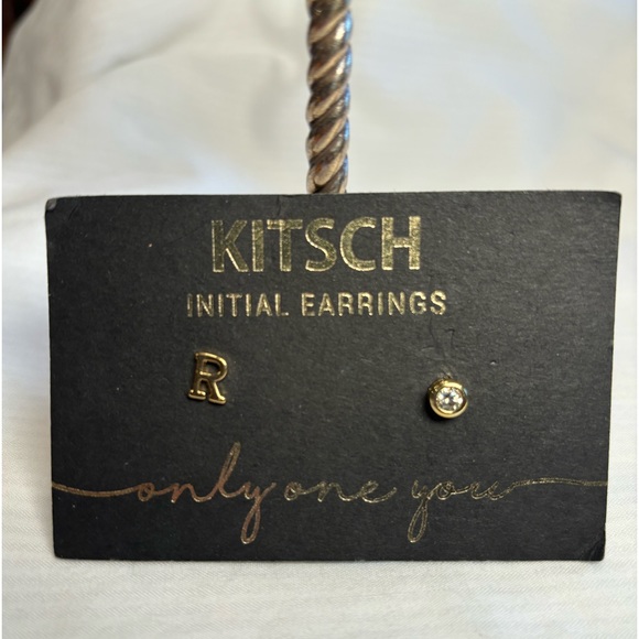 Earrings one with initial R the other one is a rhinestone. Gold toned. - Picture 4 of 6